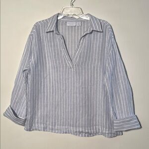 MARTHA STEWART Coastal Summer Cottage 100% Linen Blue/White Stripe Blouse Top L